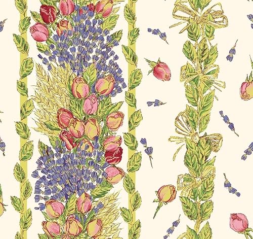 Tissus Toselli, Blecloth Roses & Lavender, 70" Round, Easy Care Stain Resistant, Acrylic Coated 100% Cotton, Provencal French Luxury Linen Floral #TOP1