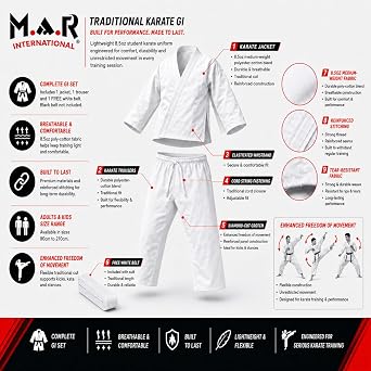 MAR | Karate Gi Uniform for Men Women & Kids – Traditional White Karate Suit for Intermediate Students, 8.5oz Poly-Cotton Fabric, Durable Training Kimono with Free White Belt (Sizes 90–210cm)