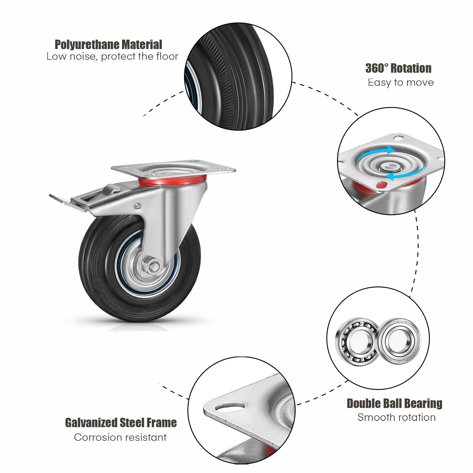 Juego de Ruedas para Cargas Pesadas, hasta 1200 Kg, 160 mm, 8PCS Ruedas Giratorias- 4 Ruedas de Transporte con Freno, 4 sin Freno, Ruedas para Muebles, Silenciosas