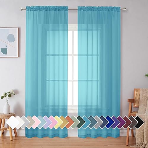 Simplebrand Turquoise Sheer Curtains 84 Inches Long 2 Panels, Light Filtering Rod Pocket Solid Color Window Sheer Curtain Panels, Elegant Curtains & Drapes for Bedroom (Turquoise, 42" W x 84" L)