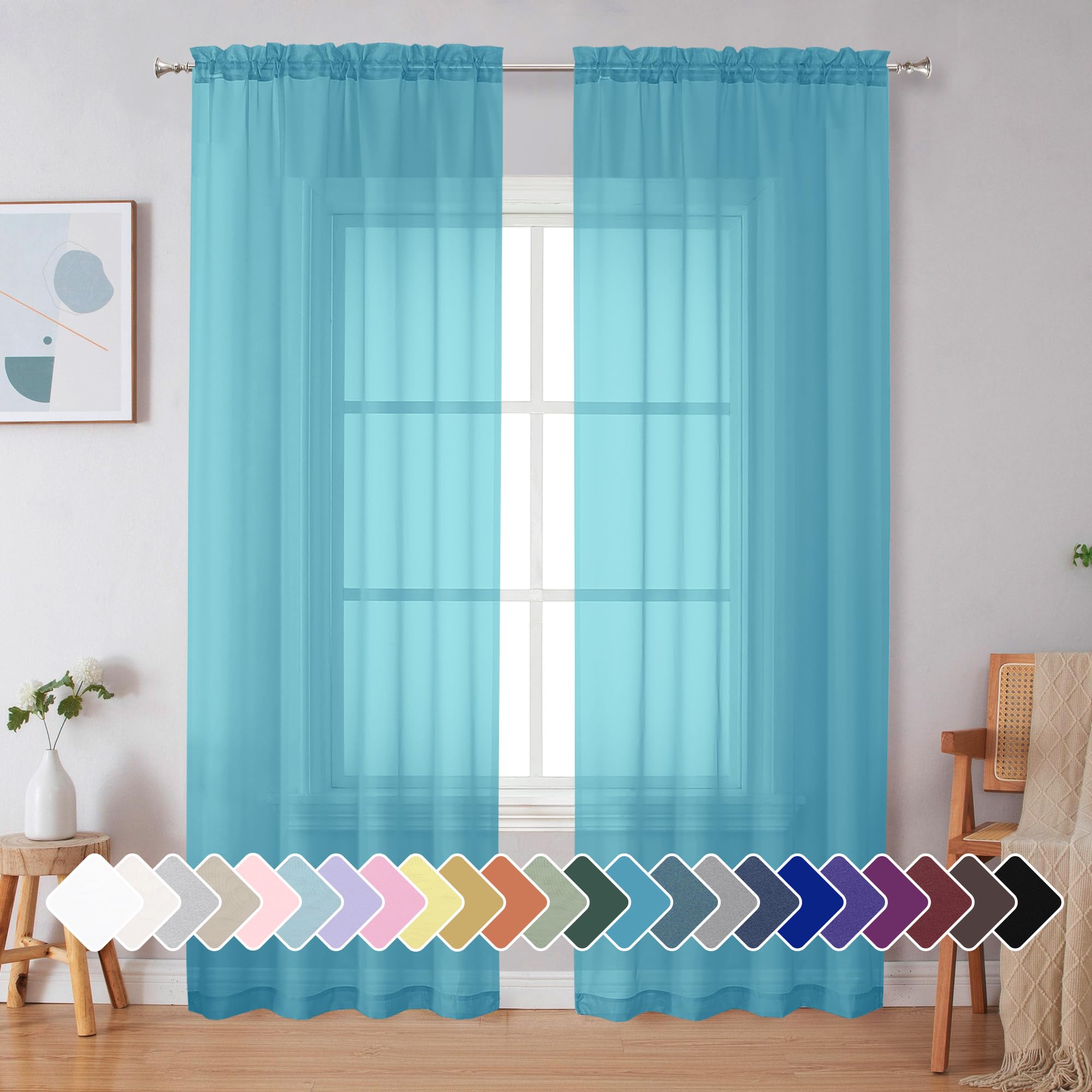 Simplebrand Turquoise Sheer Curtains 84 Inches Long 2 Panels for Bedroom