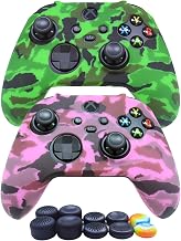 Funda de silicona para Xbox Series X/S Controller-Hikfly para mandos Xbox SX, funda antideslizante para mando de juegos, 2 fundas (verde rosa) con 10 tapones de agarre para el pulgar