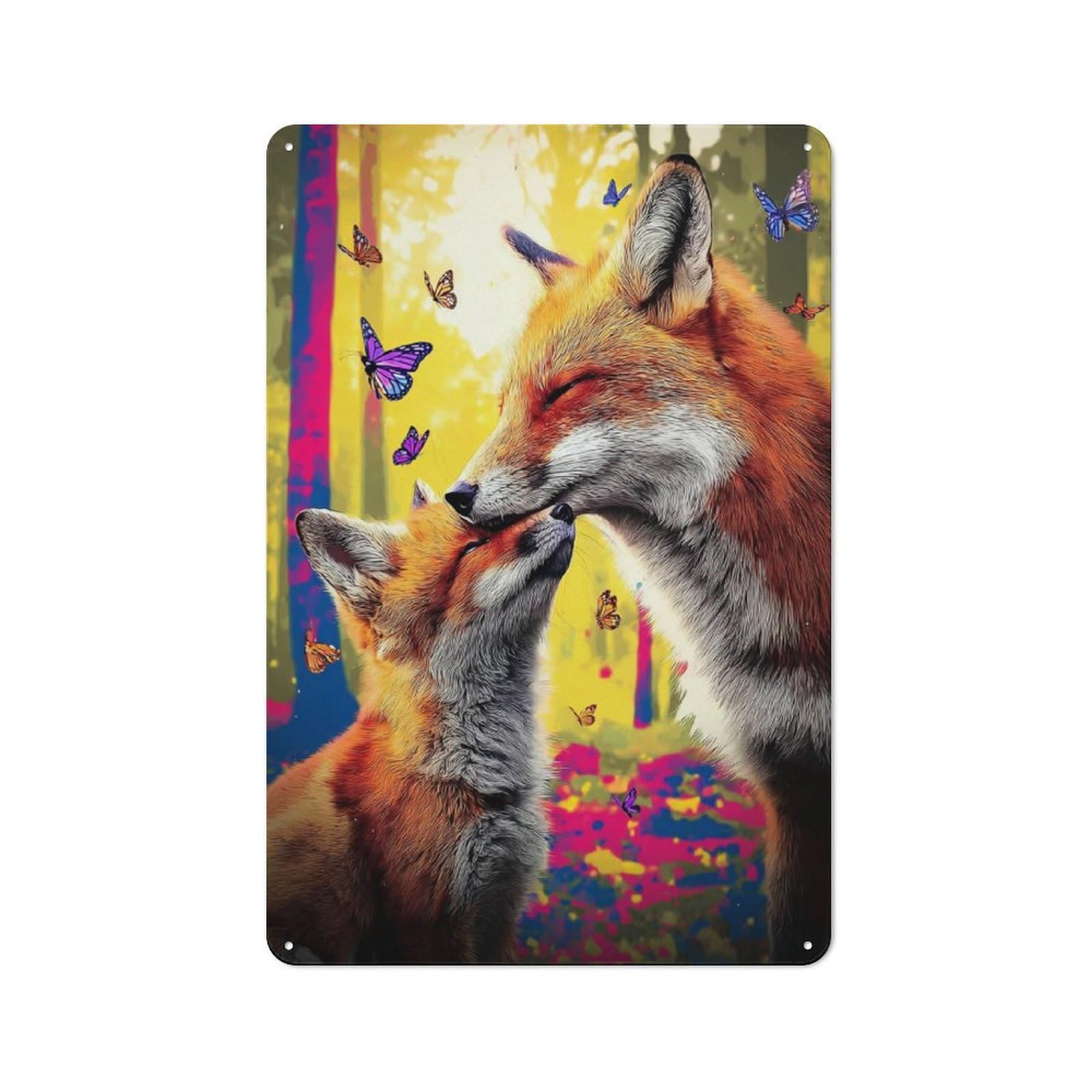 Junmoney Foxes In A Colorful Forest -1 Rustic Metal Sign 30X20cm For Café Or Restaurant, Suited To Café Owners And Decorators