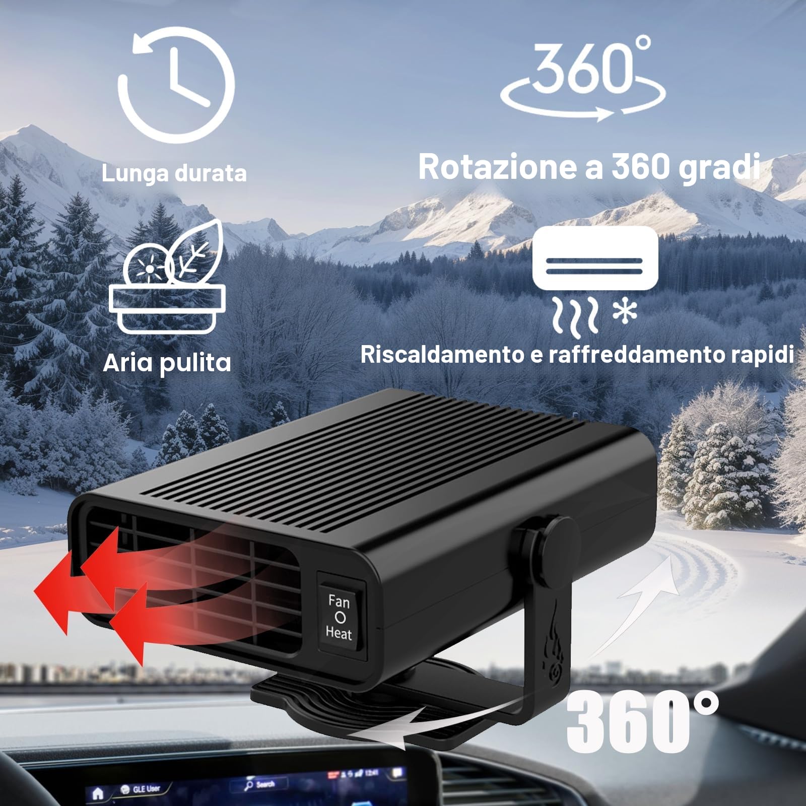 Stufetta Portatile per Auto 12V – Termoventilatore 2-in-1 Riscaldamento/Raffreddamento, Stufetta 12V per Auto 200W, Riscaldamento Rapido 5s, 360° Rotante per Sbrinamento Parabrezza