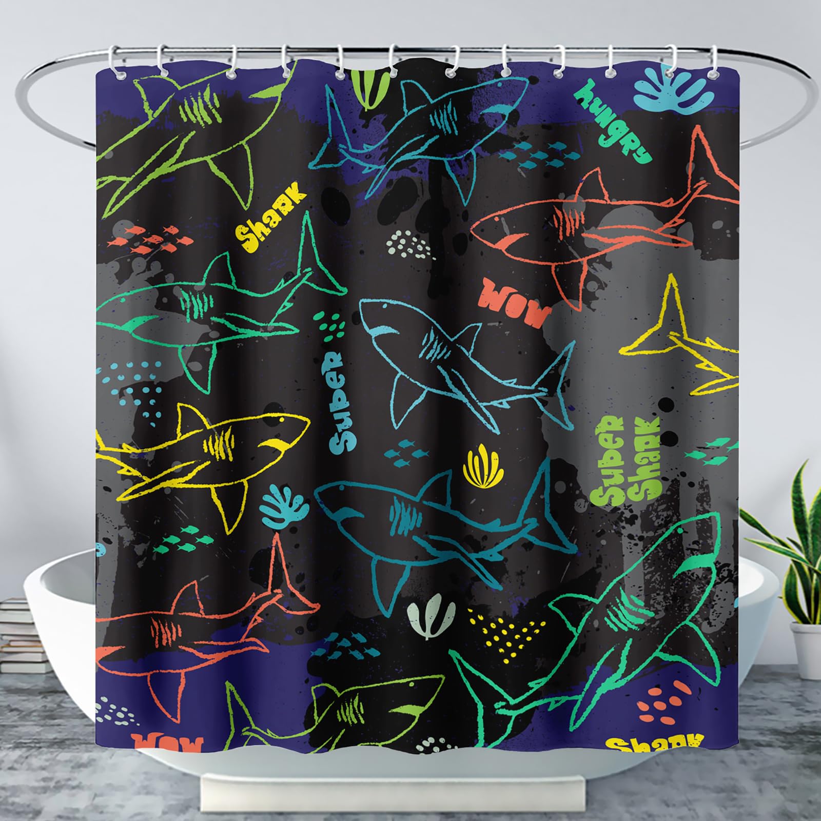 QOOMO Sharks Shower Curtain,Colourful Sharks Bathroom Curtain with Colorful Fabric, Waterproof Shower Curtain Sets Machine Washable Shower Curtains