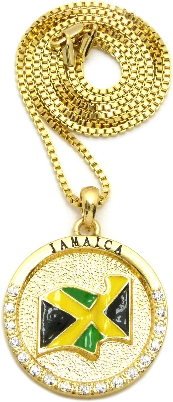 CBC Crown Jamaica, Cuba, Mexico Flag 24" Pendant Necklace in Box, Cuban or Rope Chain Gold Or Rhodium Tone