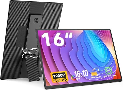 Monitor portátil, 16 pulgadas 1200P FHD, horizontal y vertical con soporte, Plug & Play, altavoces integrados, marco cero ultrafino, monitor de
