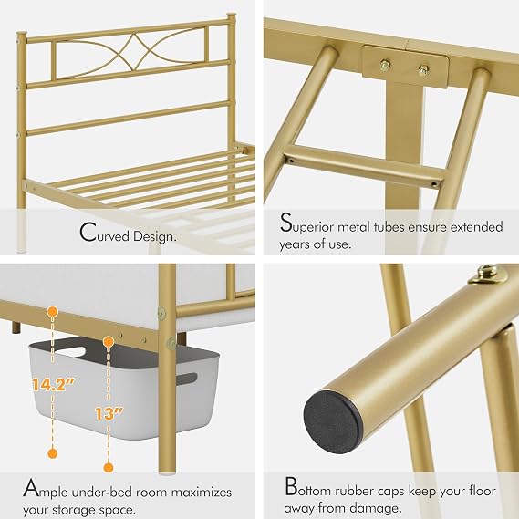 Yaheetech Twin Size Metal Bed Frame with Curved Headboard, Antique Gold