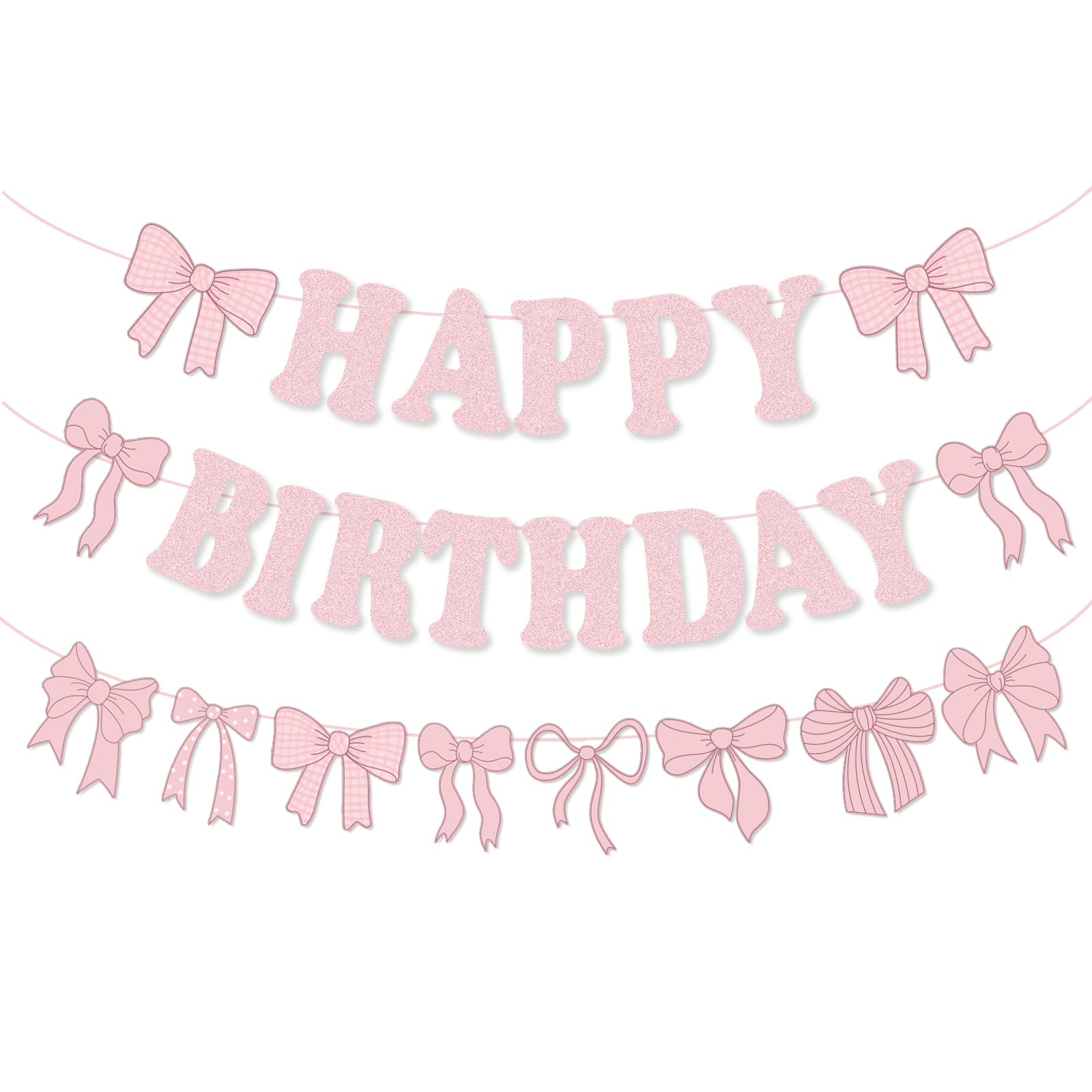OIBUTUR Pink Bow Birthday Decorations Glitter Happy Birthday Banner Bow Garland Party Decorations for Girls Women Birthday Party