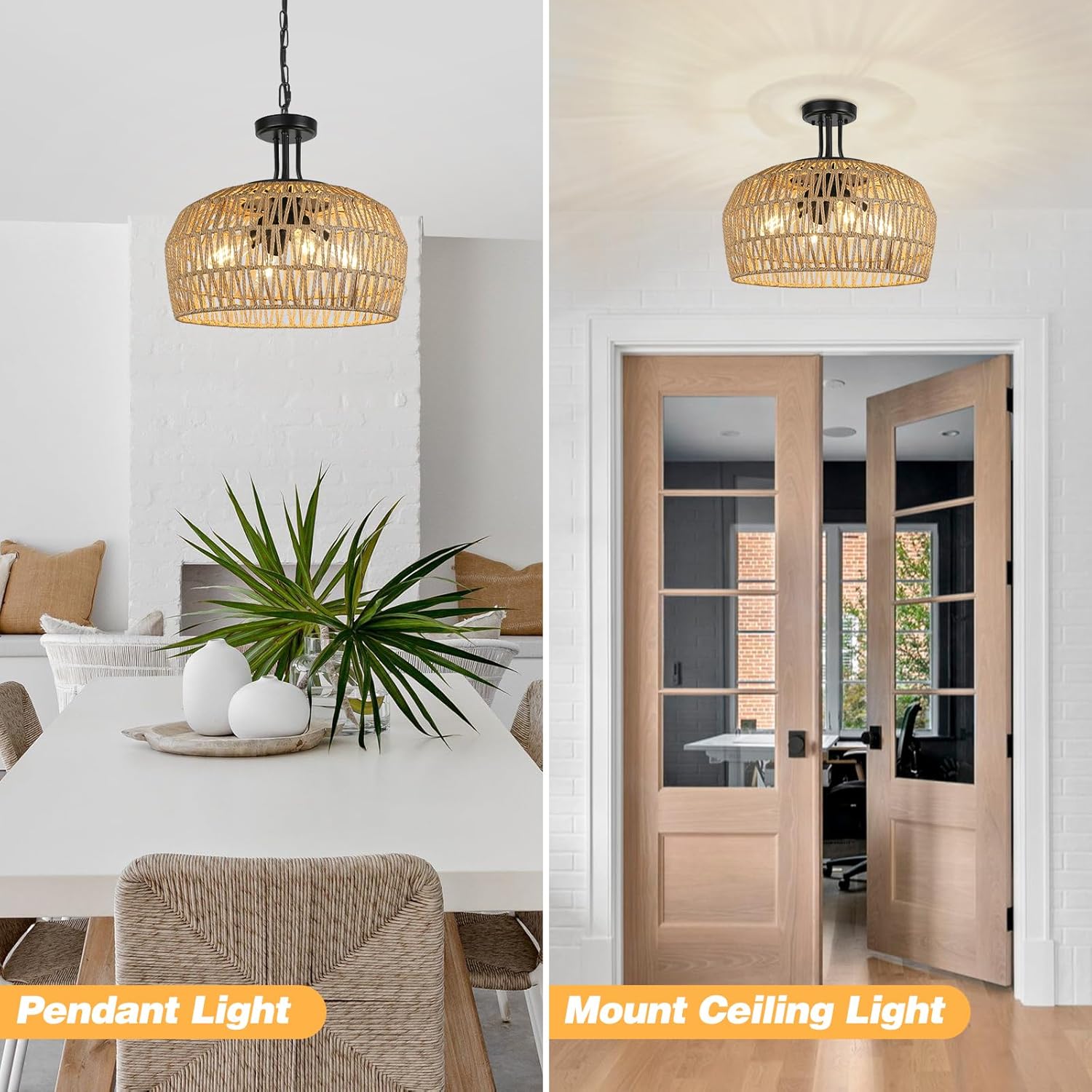 LynPon 18" Farmhouse Rattan Chandelier, 4-Light Boho Pendant Light Fixture with Woven Wicker Shade, Convertible Coastal Hanging or Ceiling Light Fixture for Dining Room Kitchen Living Room Foyer