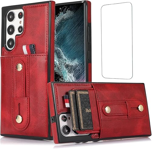 Funda tipo cartera para Galaxy S22 Ultra 5G, diseño para Samsung S22U con protector de pantalla, correa de muñeca ajustable, función atril y ranura