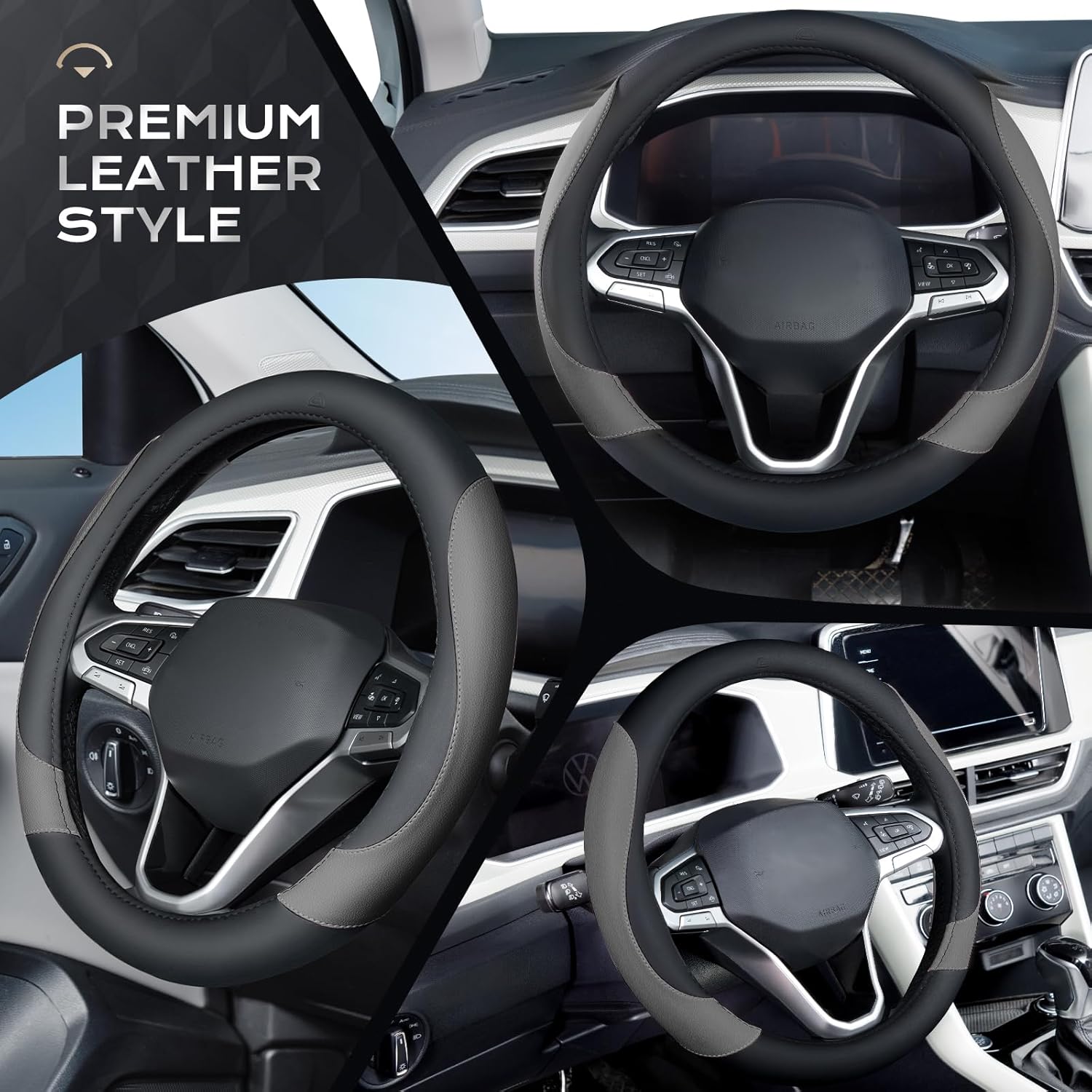 Coverado Car Steering Wheel Cover, Nappa Leather Black & Gray Steering Wheel Covers, Universal 14-15 inch, Anti-Slip, Breathable Steering Wheel Protector for Women Men - Image 4