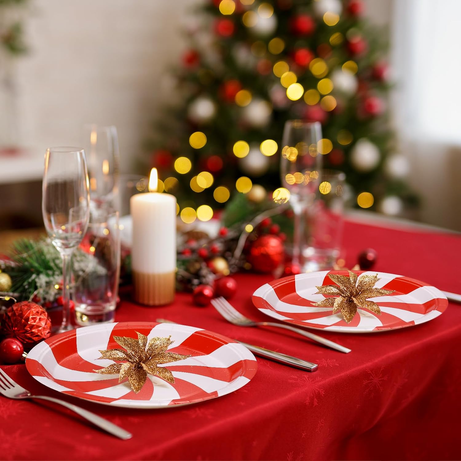 120PCS Christmas Candy Paper Plates, 9 Inch Xmas Candy Plates Red White Disposable Dinnerware Tableware Festive Peppermint Tableware Party Supplies for Christmas Holiday Parties Dinner Celebration