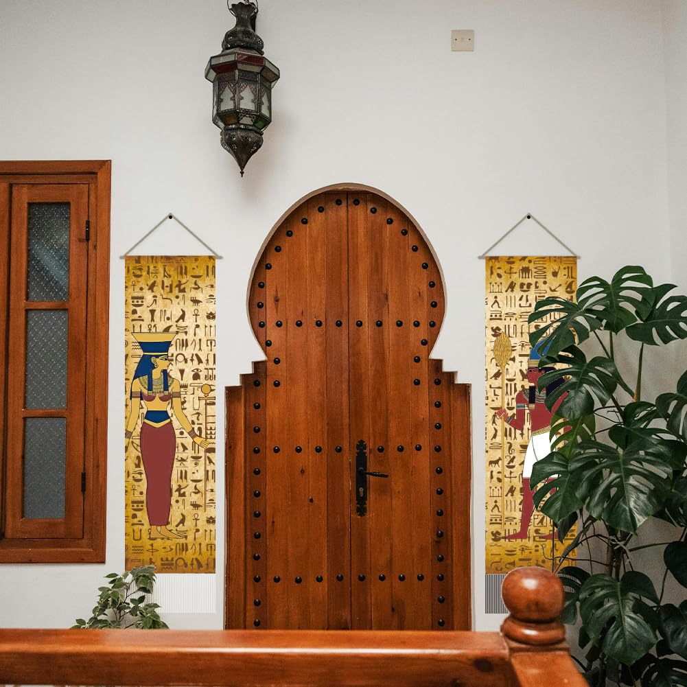 AHANDMAKER 2 tapices jeroglíficos de Egipto, tapiz jeroglífico vertical del antiguo Egipto para colgar en la pared, tapiz de pared con borla con temática egipcia para dormitorio, sala de estar (45.7 x