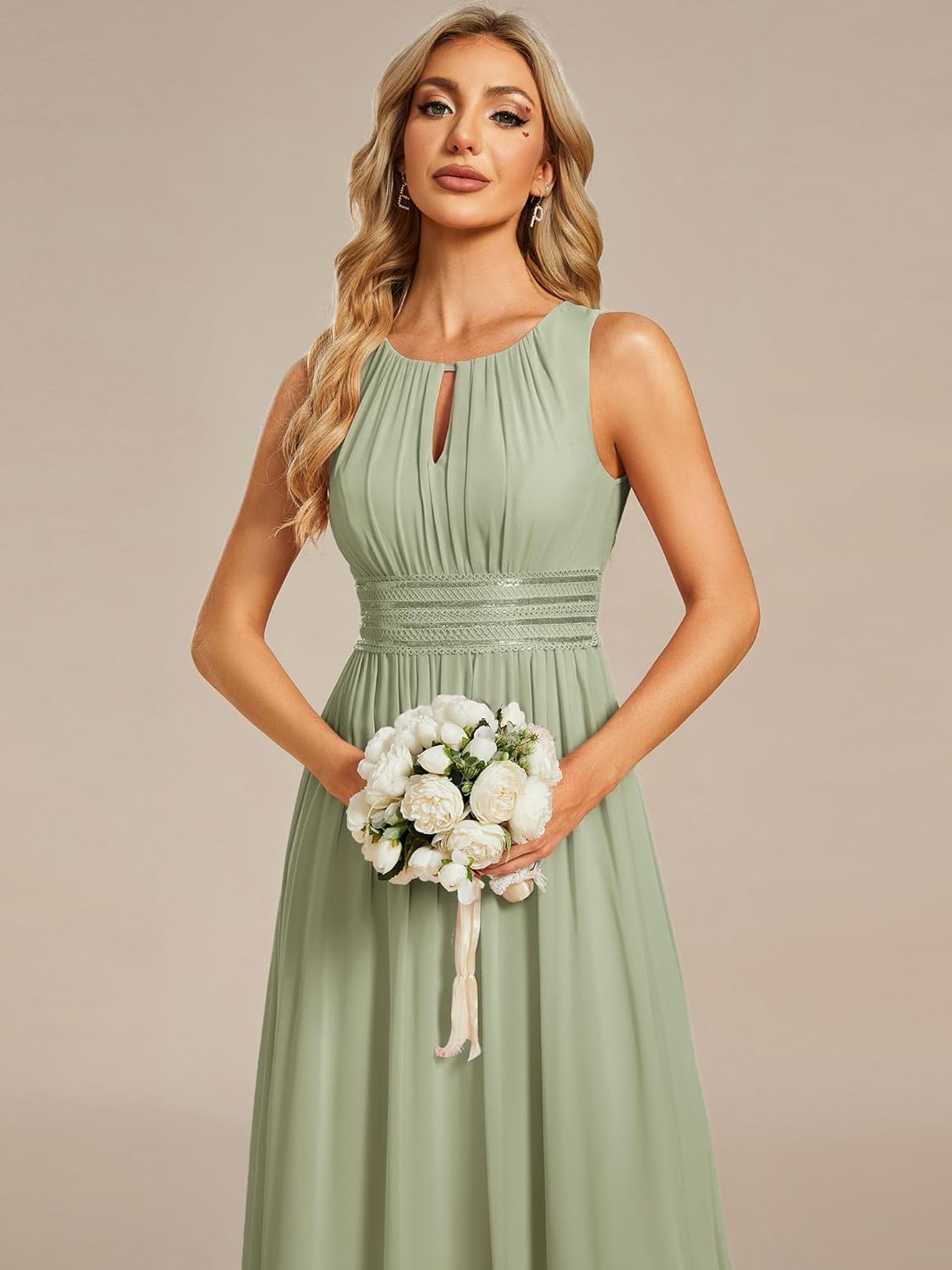 Ever-Pretty Women's Chiffon Sleeveles Bridesmaid Dress Ruched A Line Hollow Out Crew Neck Formal Wedding Guest Dresses