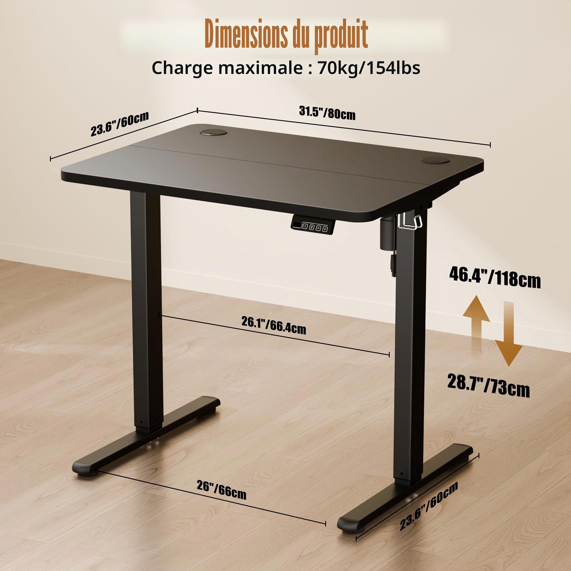 ERGOMAKER Bureau électrique réglable en Hauteur 80 x 60 cm - Table réglable en Hauteur avec Plateau d'épissure (Cadre Noir + Plateau Noir)
