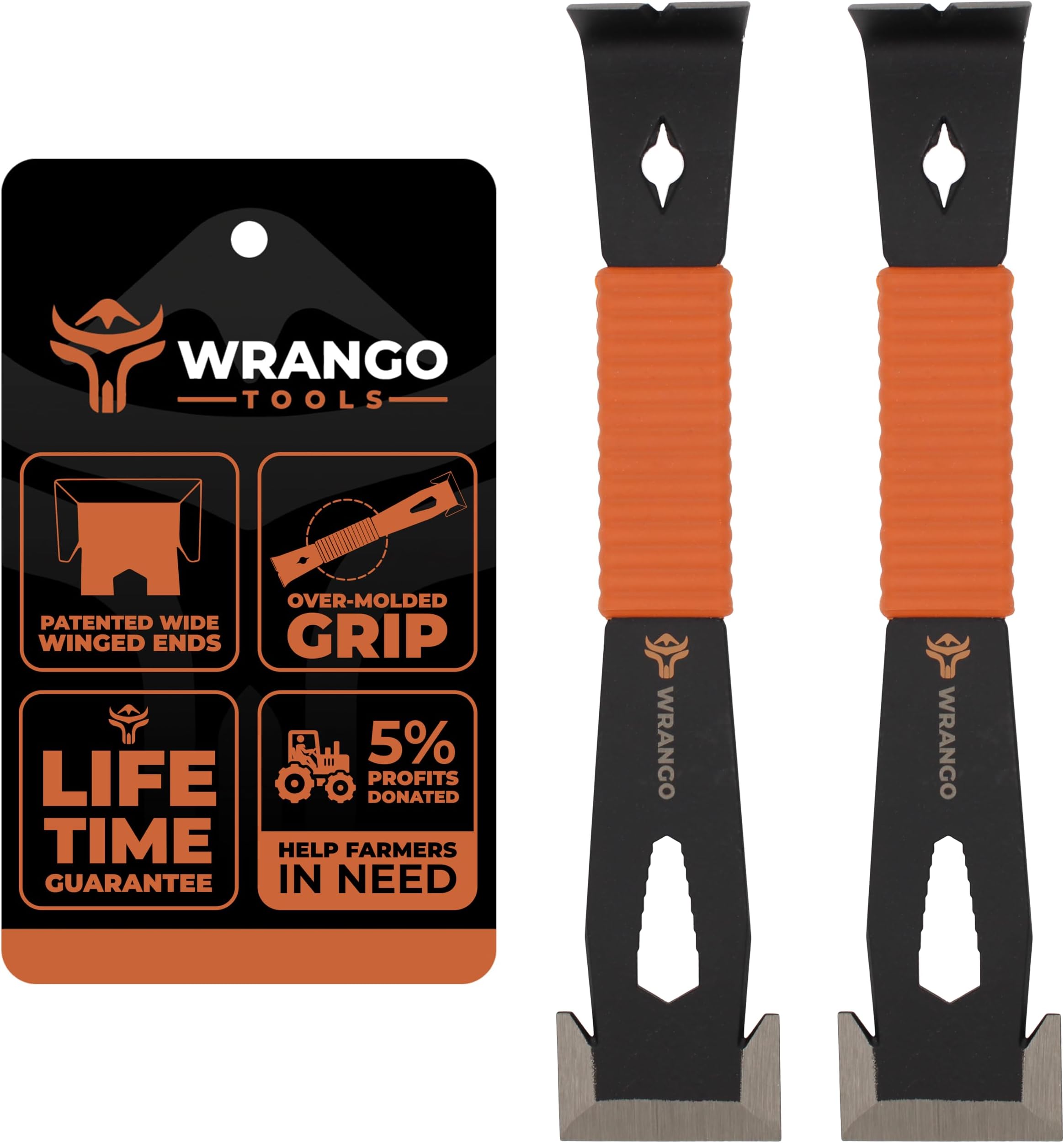 Wrango Tools - 9.5" Trim Bar Pry Bar - Patented Flat Bar Nail Puller with Wide Winged Ends & Shock Absorbing Grip - Lifetime Warranty - 5% Donated To Help Farmers, 2pk