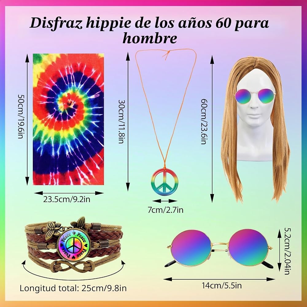 Kit De Accesorios Hippie Hombre – Set De 5 Piezas Retro Con Gafas, Collar, Pulsera, Cinta Y Peluca, Ideal Para Fiestas De Los 60, 70 Y 80, Carnaval Y Halloween