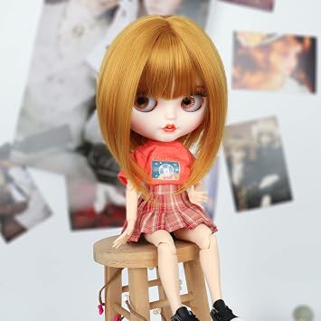 Missuhair Cute Short Striaight Doll Wig for Blythe, BOB Wig for Blythe, Doll Hair Replacement Wig for Blythe, Milk Fiber Doll Hair BE3-144R