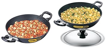 Hawkins Q54 Futura Non-Stick Kadhai Deep-Fry Pan Futura Non-Stick Round Bottom Deep Fry Kadai with Steel Lid (Black, 26cm, 30cm)