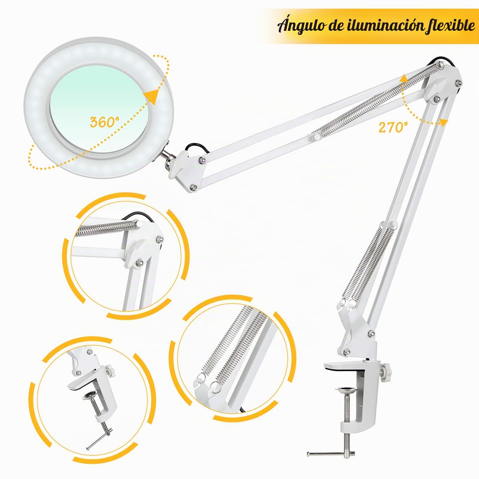 Neoglint Lámpara de mesa,Lámpara de aumento LED 8X con Luz,Lámparas de lupa 2 en 1 con 10 Ajustes Bright,Lupa con brazo giratorio ajustable y abrazadera iluminadas alimentada por USB (Blanco)