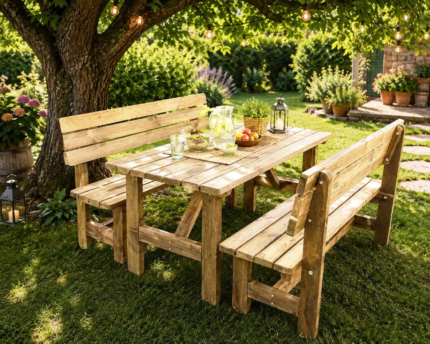 Wien - Set da giardino composto da 2 panche con schienale e 1 tavolo, in legno massiccio trattato con impregnante verde. Dimensioni: tavolo LAP 150x74x70 cm e panca LAP 150x45/90x53 cm