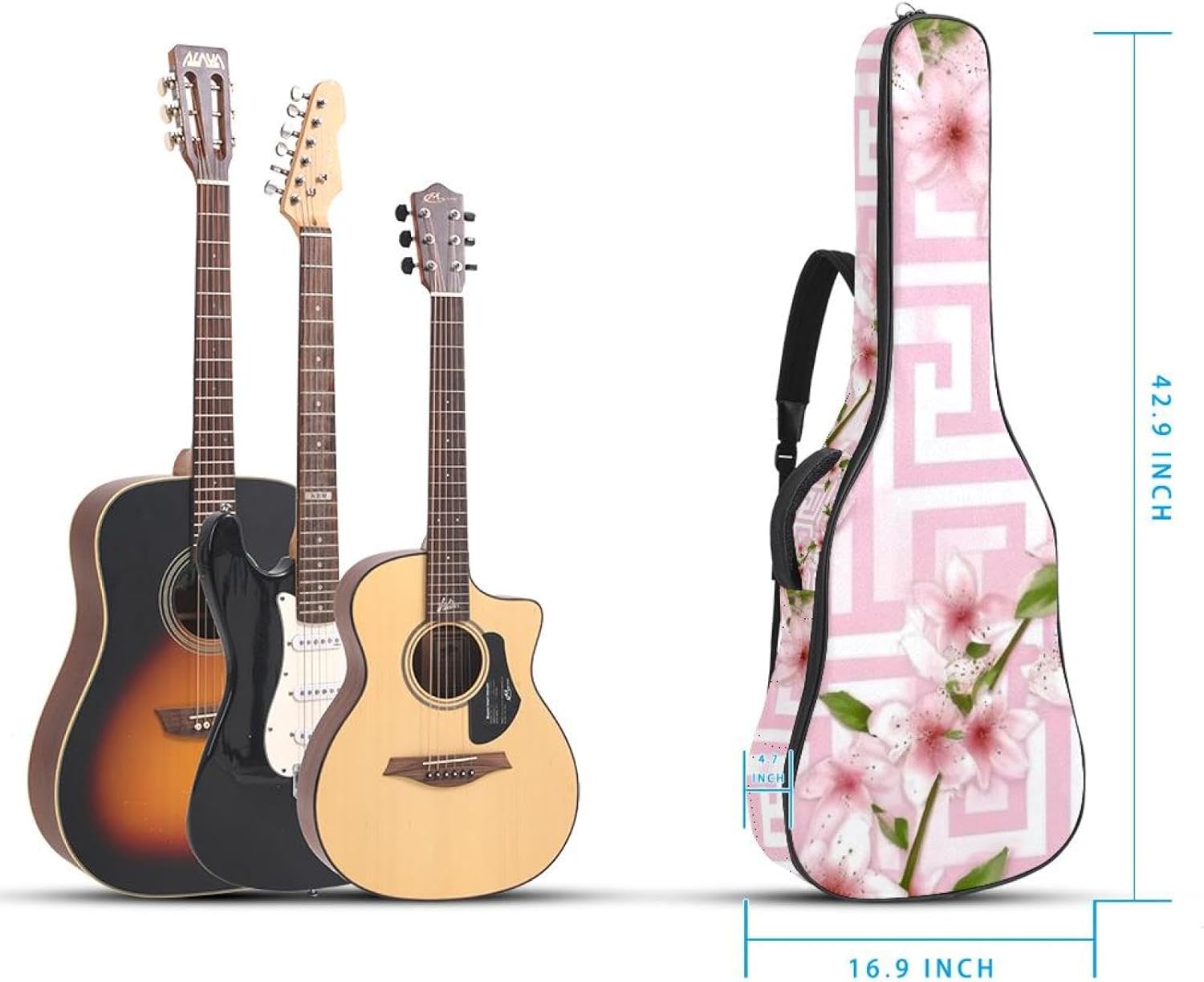 40/41/42-inch Pink Cherry Blossoms Acoustic Guitar Bag With Adjustable Shoulder Strap And 2 Storage Bags. Guitar Bag With Back Hanging Loop, Electric, and Classical Guitars