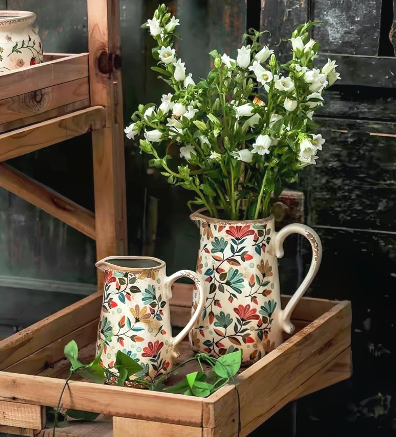 Vintage Colorful Flower Ceramic Vase with Handle, Retro Ice Glazed Crack Farmhouse Pitcher Vase for Home Decor, Living Room, Shelf, Office, Rustic Table Centerpiece 9 Inch - Image 8