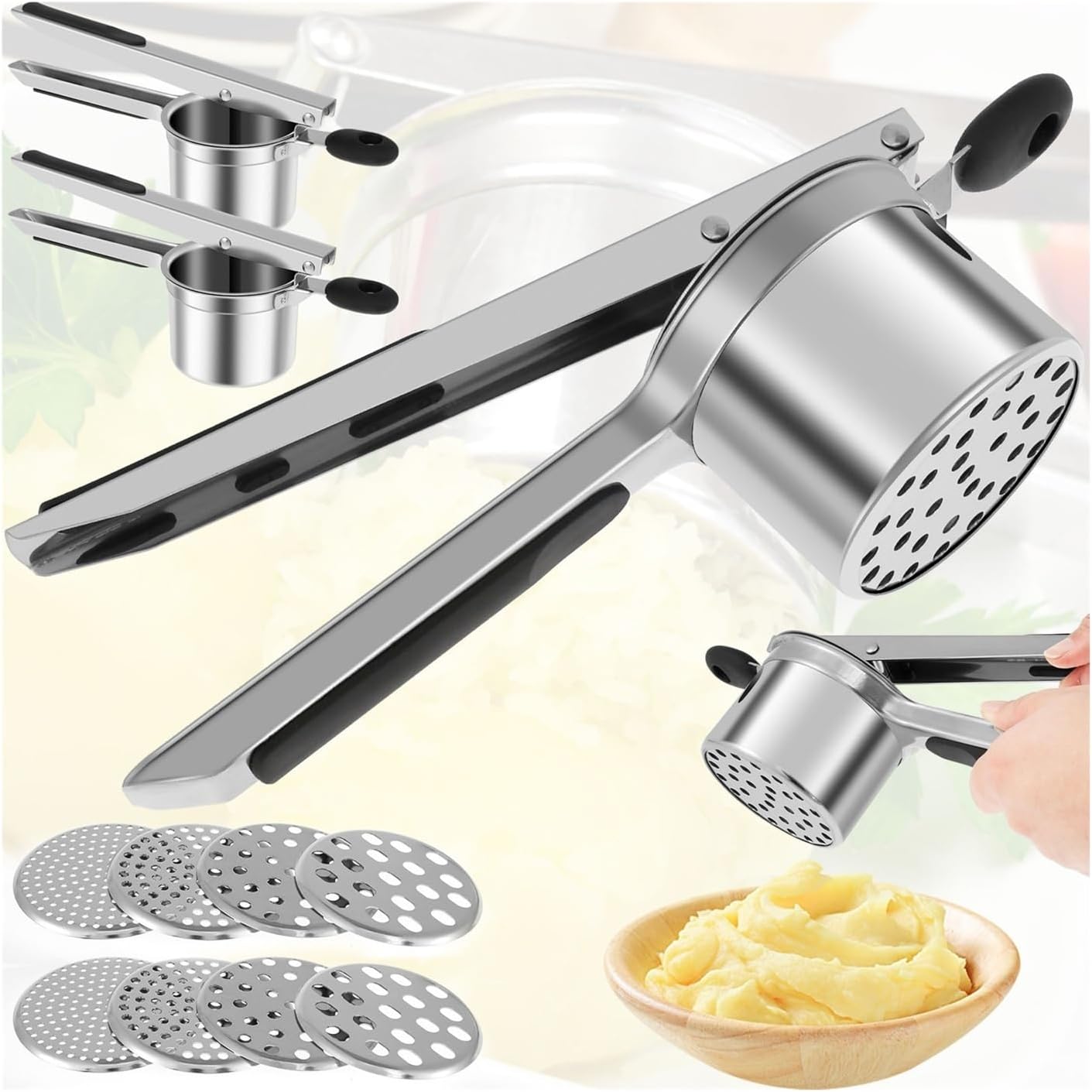 Stainless Steel Potato Masher Set - 1Pcs Manual Potato Ricer with 3/4 Replacement Piece - Kitchen Gadget for Mashed Potatoes