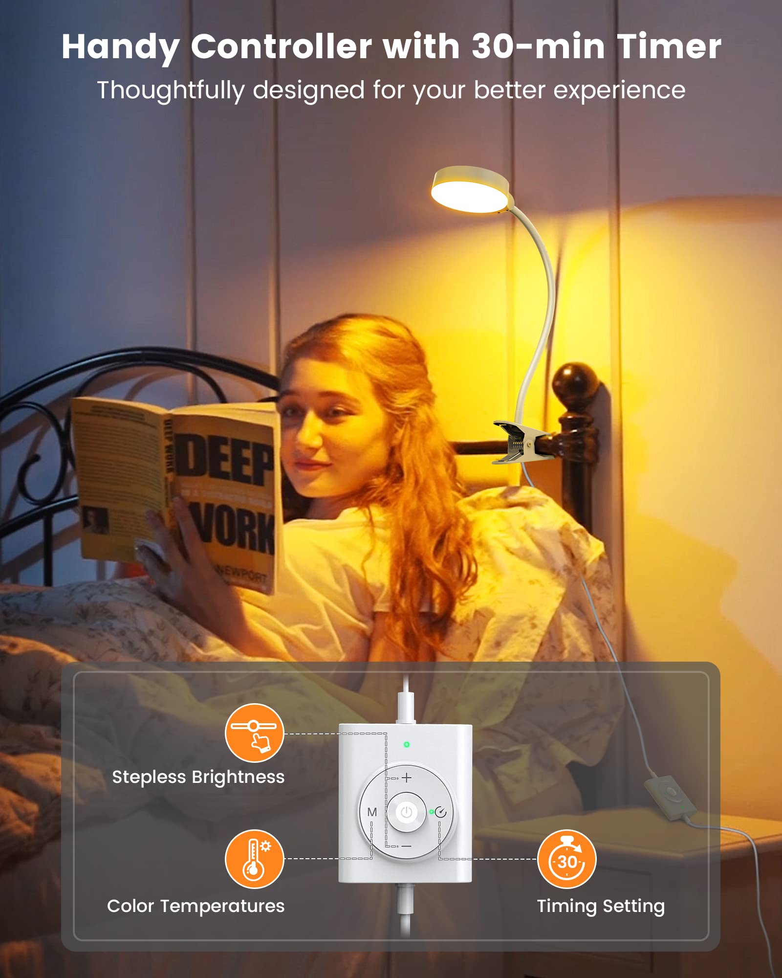 Glocusent Lampka do czytania o mocy 5 W, 36 diod LED, lampka zaciskowa, przyjazna dla oczu lampka do czytania, zacisk, 3 kolory i 5 poziomów jasności, przypinana lampka zaciskowa LED z łabędzią szyją