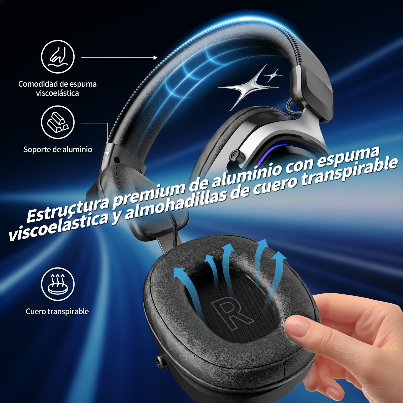 MANKIW Cascos Gaming Inalámbricos para PS5/PS4/PC/Switch, 2.4G & Bluetooth 6.0, Cascos Inalámbricos Gaming con Sonido Surround 7.1, Micrófono con Cancelación de Ruido, RGB, 60+ Horas, Drivers de 50 mm