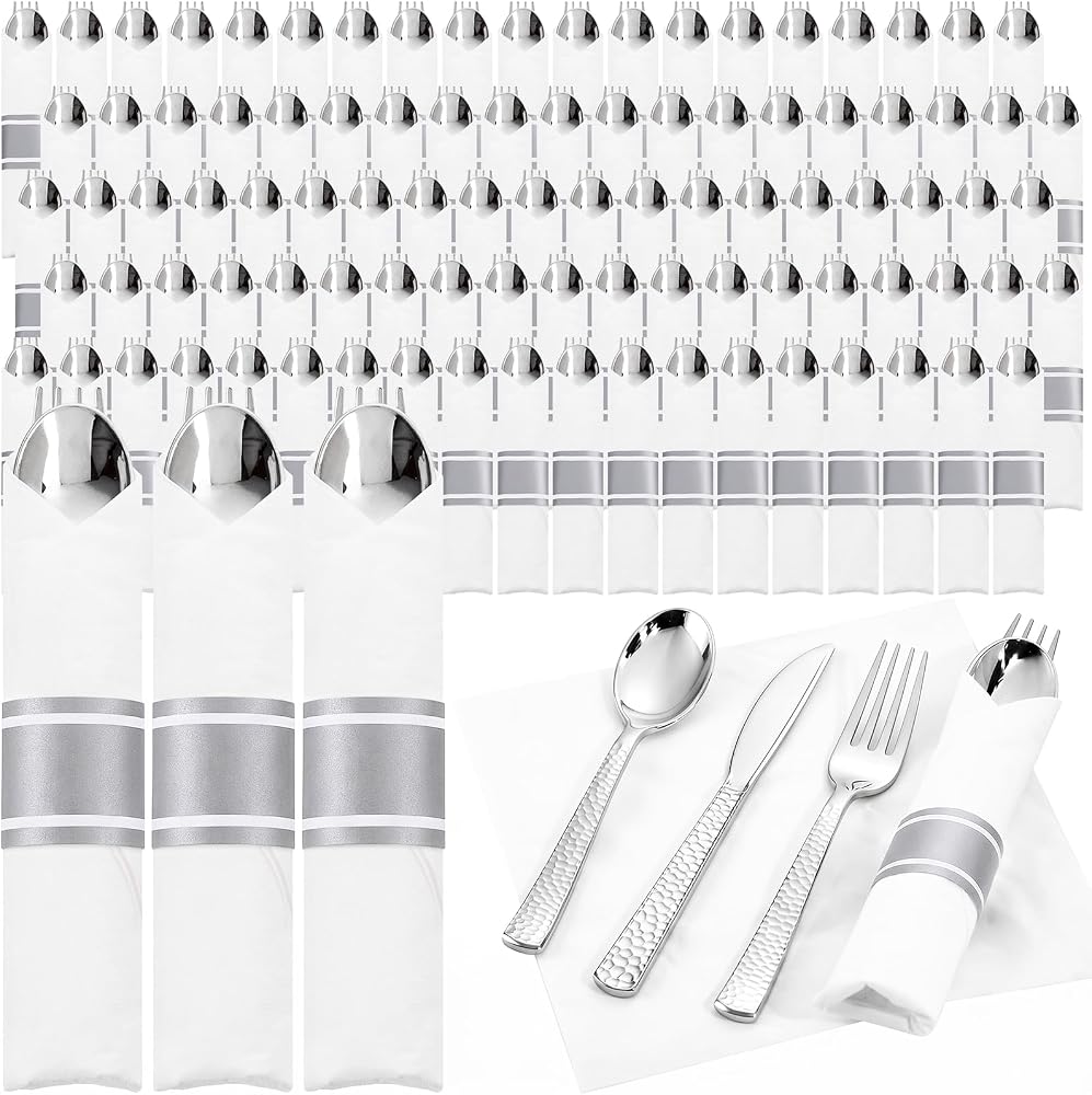 200 Pack Silver Pre Rolled Silverware Set Disposable For Weddings — 사진 1
