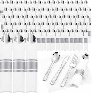 200 Pack Silver Pre Rolled Silverware Set Disposable For Weddings
