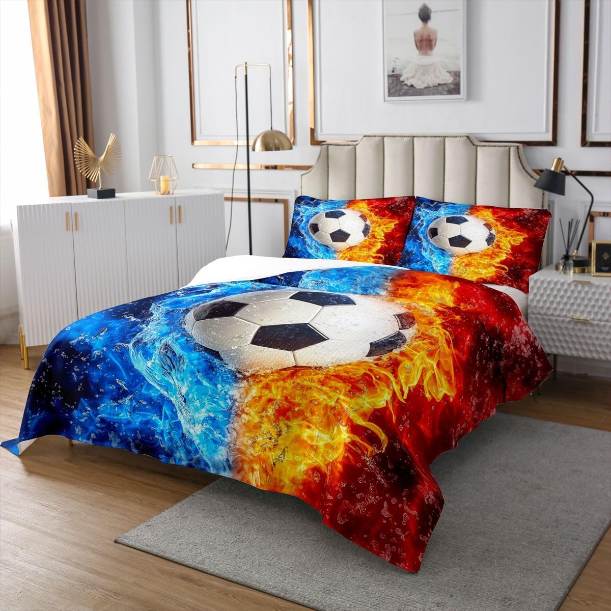Homewish Boys Soccer Quilt Sets Twin Size,Neon Soccer Bedspread Coverlet 2Pcs for Kids Girls Boys Room Decor,Fire and Water Quilts Set Sport Competition Bedding Comforter,1 Pillowcase