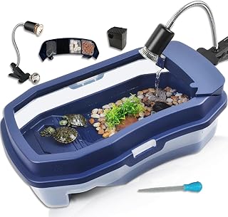 Turtle Habitat Turtle Tank Aquarium Includes Accessories with Heat Lamp + Water Filter +Water Pump, Prevent from Escaping, Easy to Clean, Large(Large, Blue)