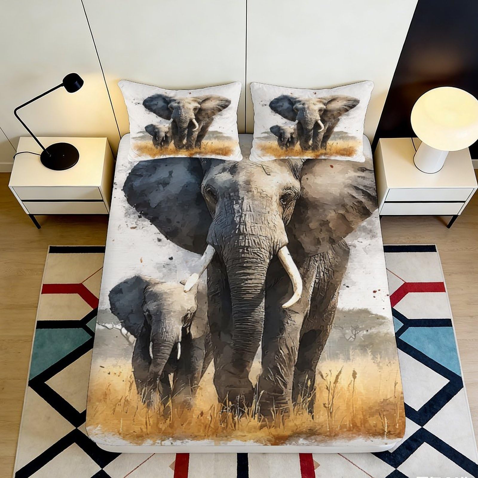 3D Printed Elephant Pattern Fitted Sheet Microfiber Durable Soft 3D Printed Wildlife Bed Cover for Bedroom Dormitory Guest Room Mattress Protection 120x200x25cm