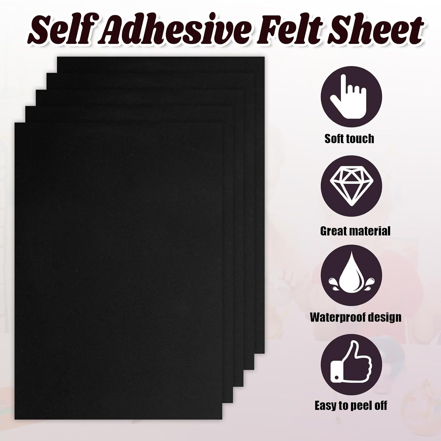 Biaungdo 6 Pcs Self Adhesive Felt Sheets, Black Felt Sheet with Adhesive Backing, 8 x 12 Inch Felts Fabric Peel and Stick Felts Liners for Arts Crafts Drawer Jewelry Box(A4 Size)