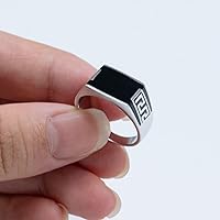 Vista 9 de AROTOROM 925 Sterling Silver Ring with Solid Rectangle Signet Black Enamel Ring, Turkish Classic Design Handmade Jewelry,Fashion Signet Ring