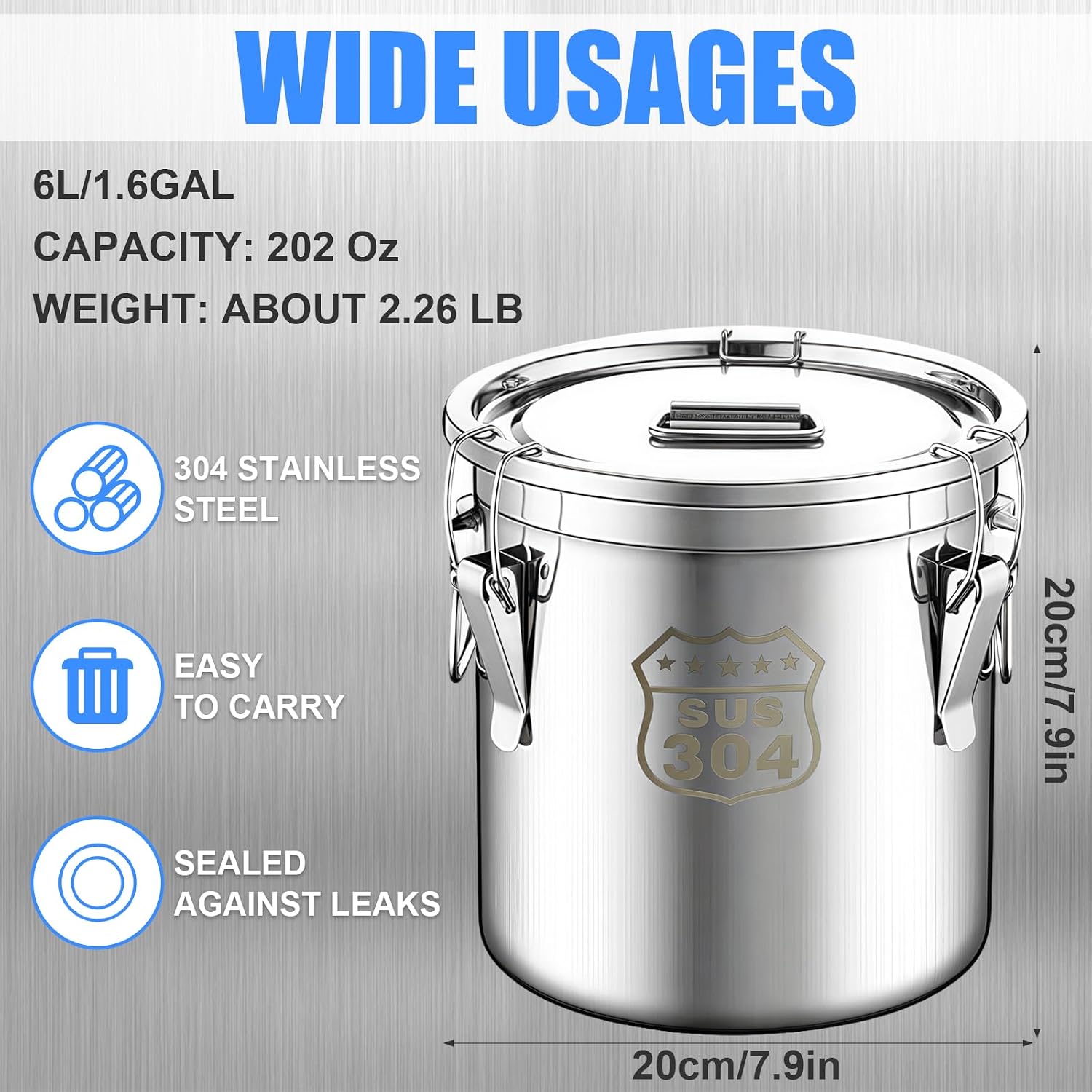 304 Stainless Steel Airtight Canister, 1.6Gal/6L Flour Container with Lid and Locking Clamp, Large Foods Storage Container for Rice Flour Sugar Oil Milk Kitchen Restaurant