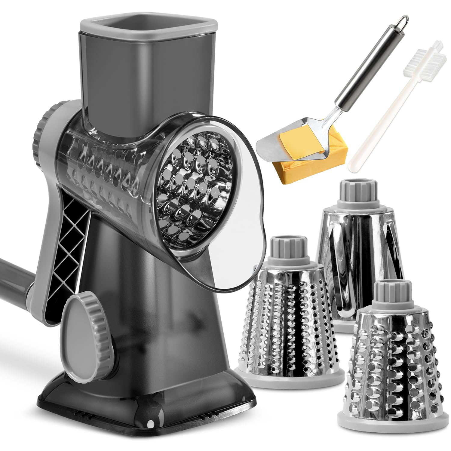 KEOUKE Rotary Cheese Grater Hand Crank Transparent - Shredder Slicer Grinder 3 Stainless Steel Blades, Stable Suction, Labor-Saving Handle, Safe Kitchen Tool for Cheese, Vegetable, Nuts, Chocolate