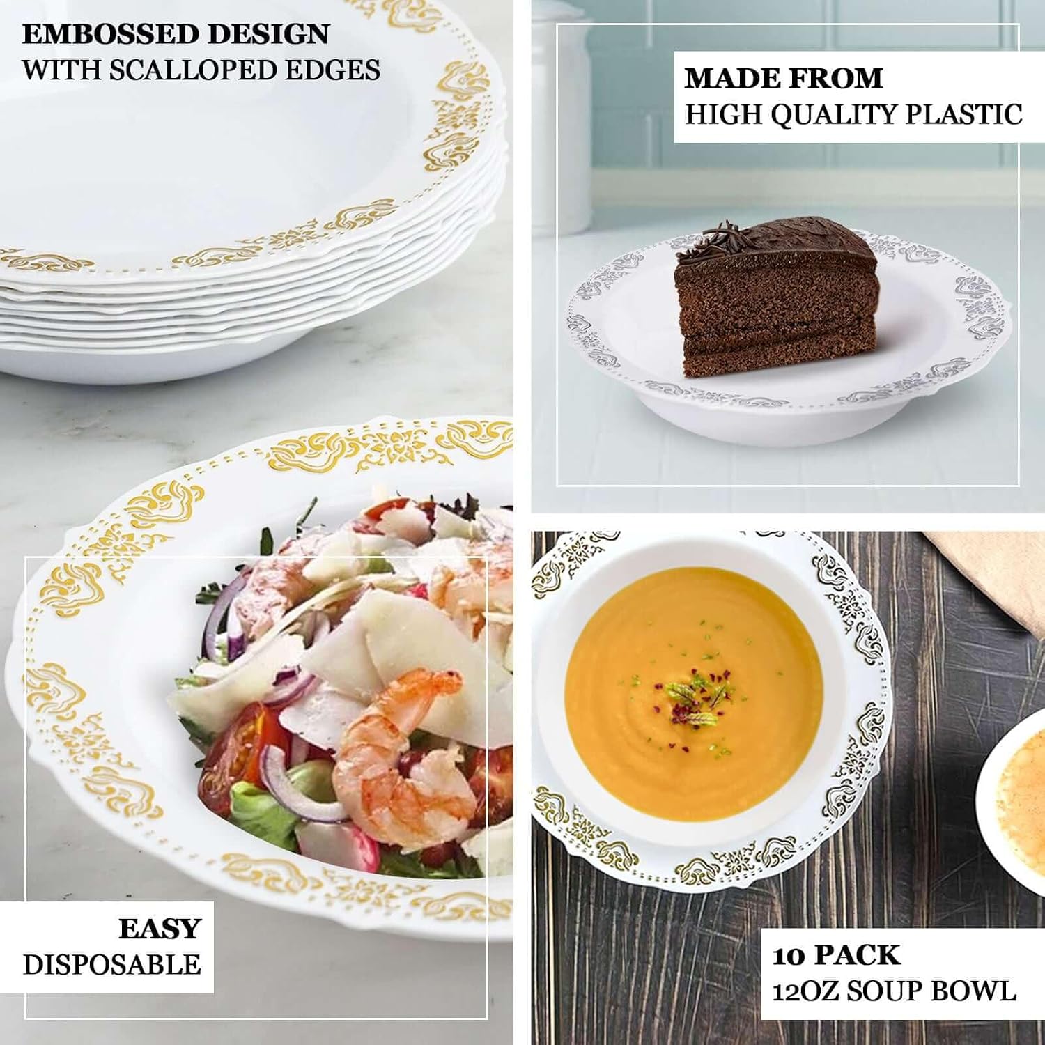 Efavormart 10 Pack 12 oz Gold Embossed Disposable Soup Bowls - Elegant White Plastic Bowls with Scalloped Edges & Gold Rim - Premium BPA-Free Heavy Duty Tableware for Weddings Parties and Catering