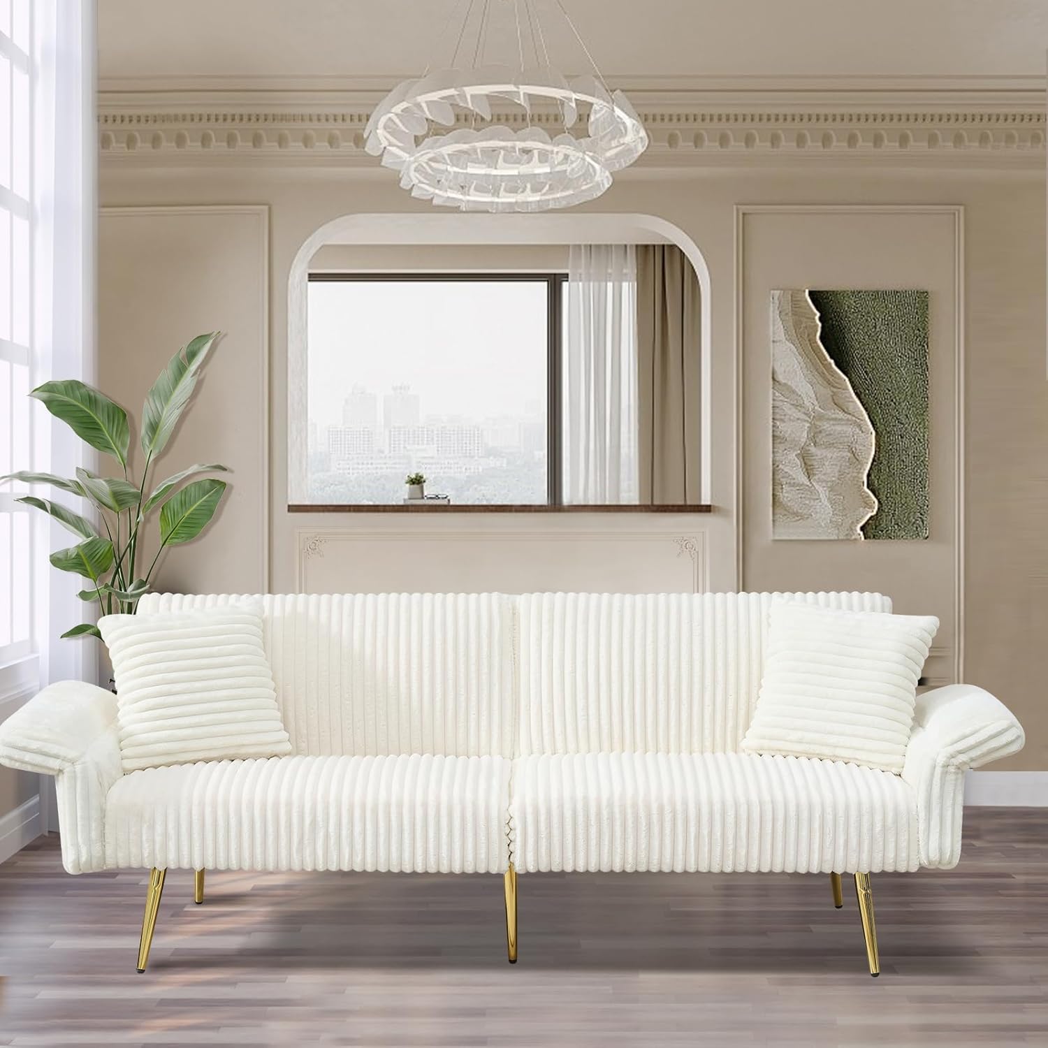 79" Convertible Sofa Bed Couch, Corduroy Sofa Couch wtih Adjustable Backrest and Armrests, Foldable Loveseat Sleeper Sofa with Gold Legs, Two Soft Pillows, for Living Rooms, Apartments, White