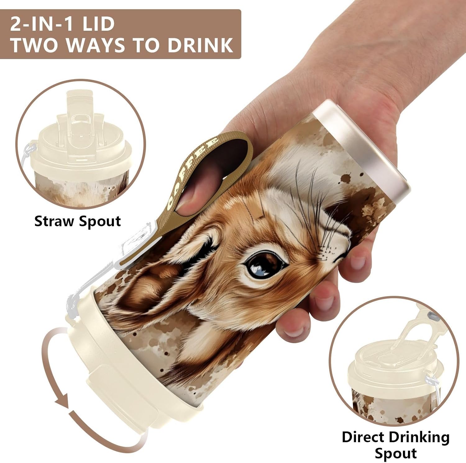 Insulated Coffee Mug Squirrel Art Vintage with Straw & Flip Lid, 16.9oz Iced Tumbler Cup, Double Wall Vacuum Mug for Travel Office Camping
