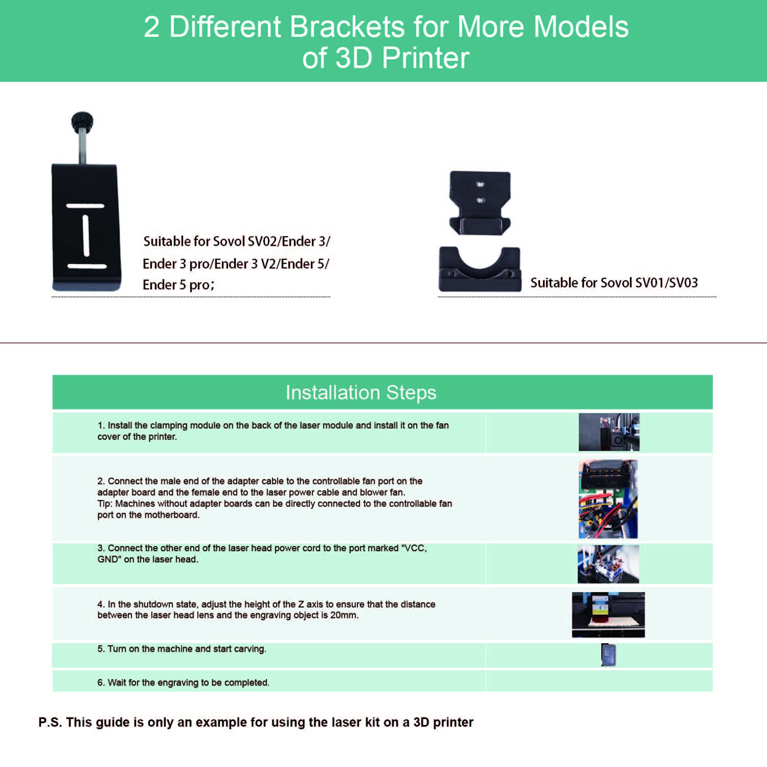 Two different brackets for laser module installation, one for Sovol SV02/Ender series and another for Sovol SV01/SV03.