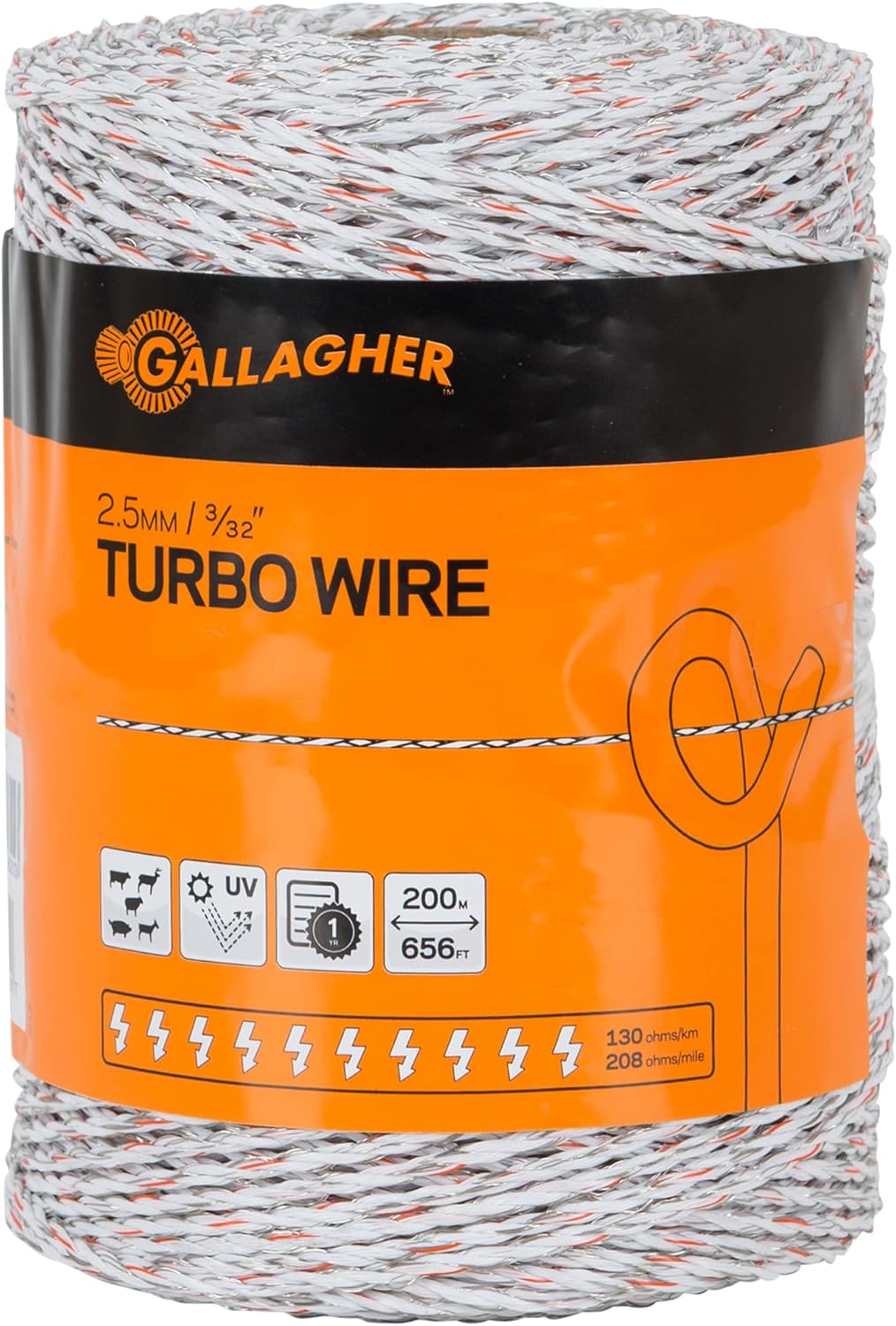Gallagher Electric Fence Turbo Wire | 9 Mixed Metal Strands for 40x More Conductivity and Extreme Power | Ideal for Long Portable Fences | UV, Rust Resistant | 3/32" Diameter Turbowire | 656 Foot