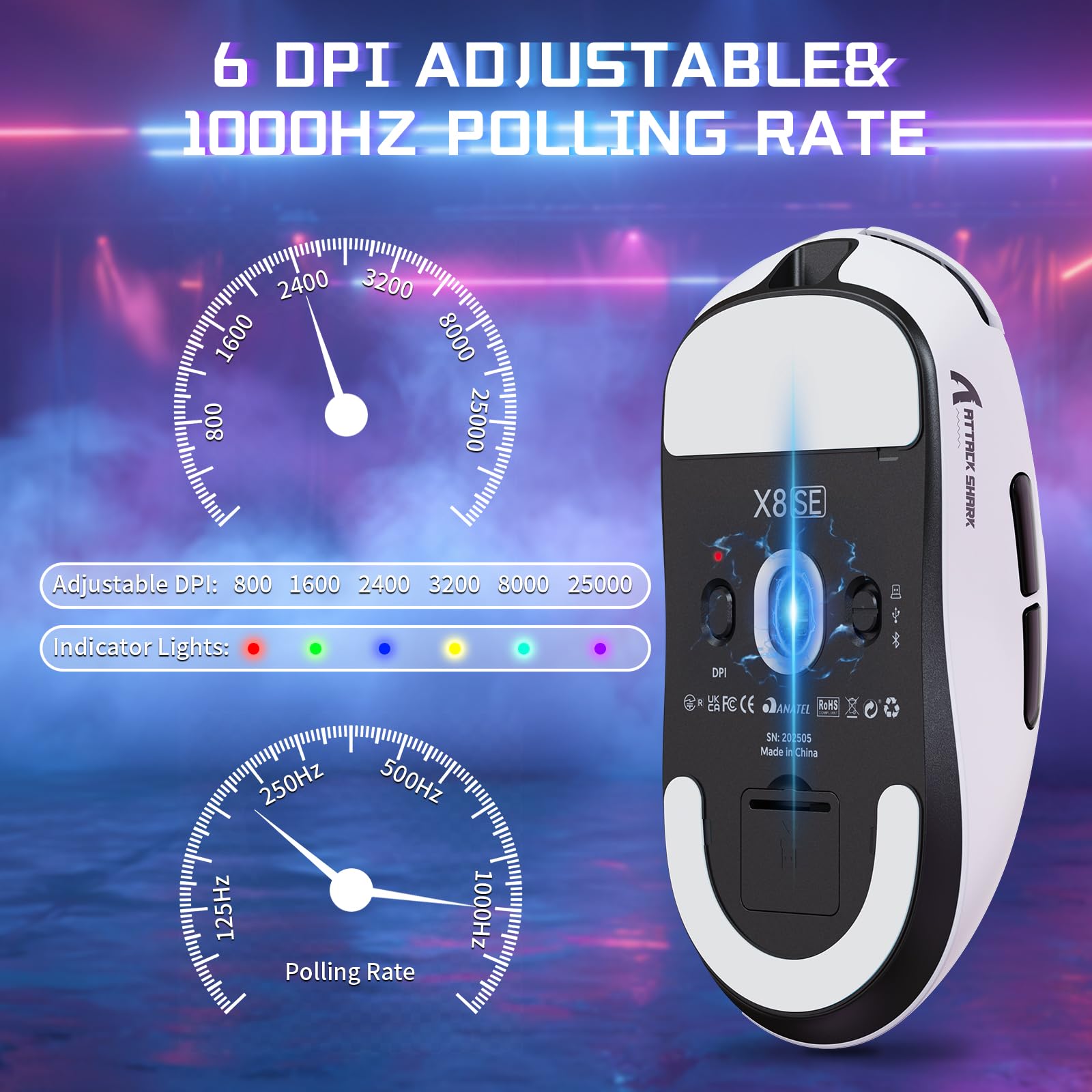 MAMBASNAKE X ATTACK SHARK X8SE 55g Souris gaming sans fil ultra-légère-Jusqu'à 25000DPI,capteur PAW3311,trimode BT/2,4G/USB-C,80 millions de clics,accélération 40G,500mAh,pilote web,pour Win/Mac-Blanc