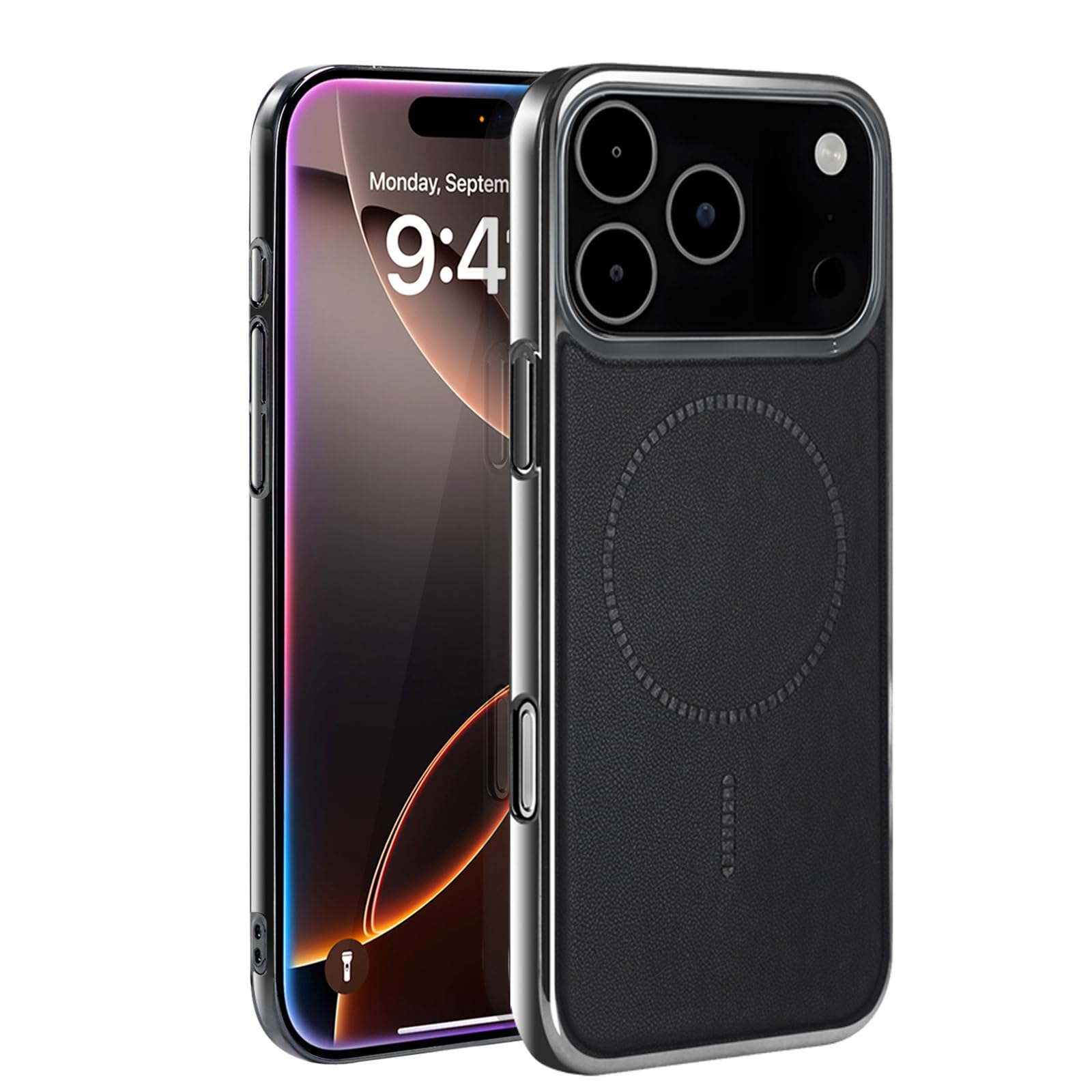 Coque anti-dérapante iPhone 17 Pro mince en cuir noir magnétique