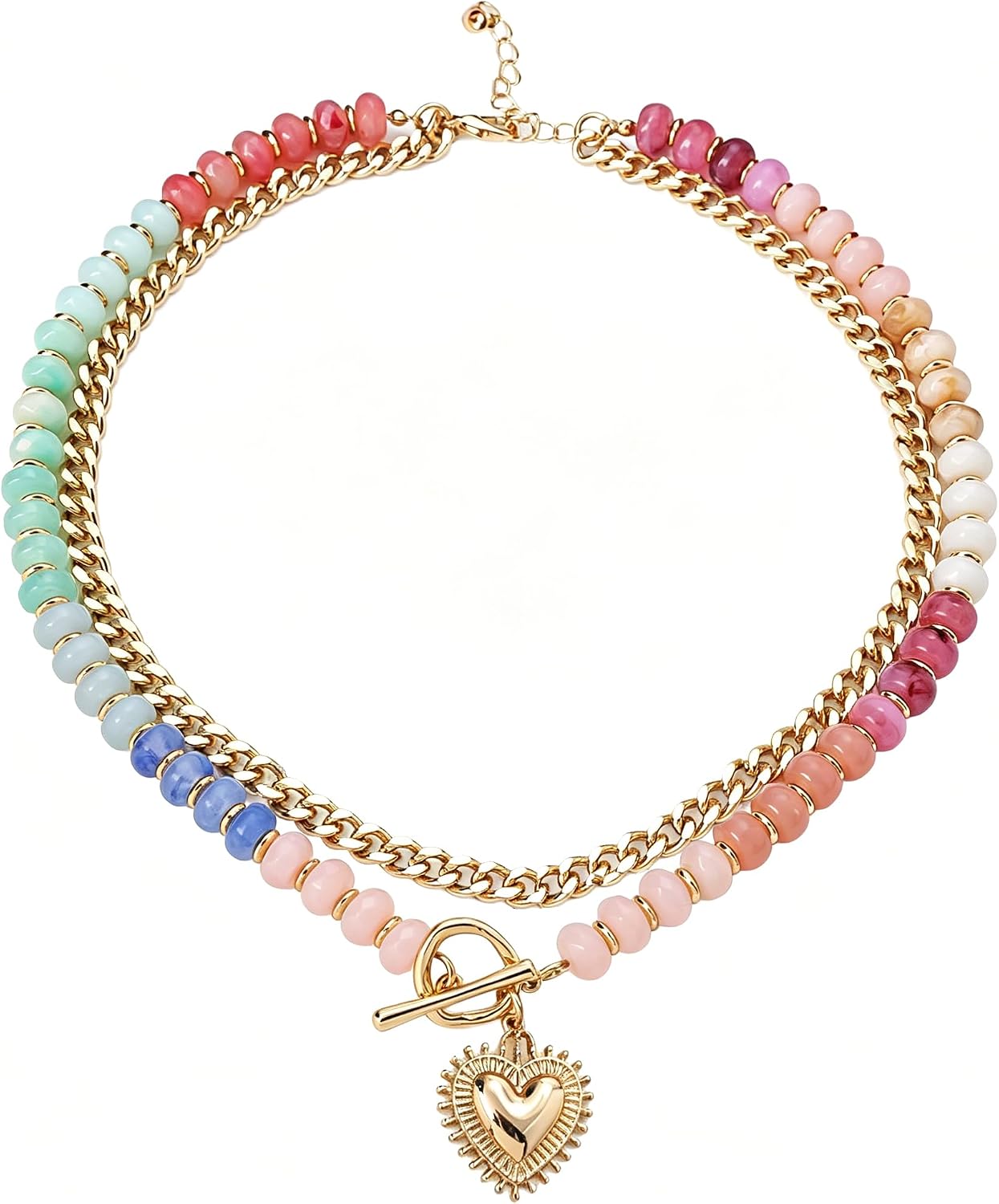 LIYAPEI Layered Chunky Colorful Cube Beaded Necklace for Women, 14K Gold Plated Cuban Chain with Heart Pendant, Colorful Resin Bead Choker, Boho Y2K Summer Beach Statement Jewelry Gift