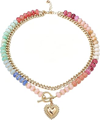 LIYAPEI Layered Chunky Colorful Cube Beaded Necklace for Women, 14K Gold Plated Cuban Chain with Heart Pendant, Colorful Resin Bead Choker, Boho Y2K Summer Beach Statement Jewelry Gift