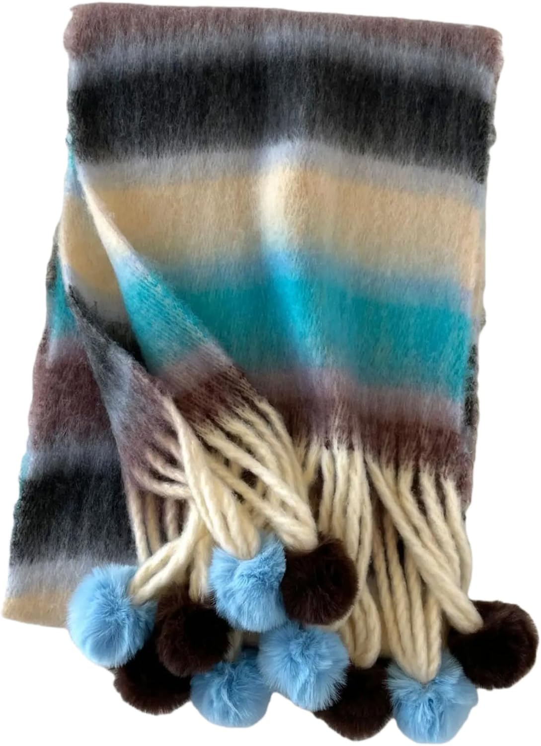 Scarf with Fringe and Pom Poms, Multicolor Knit Winter Accessory